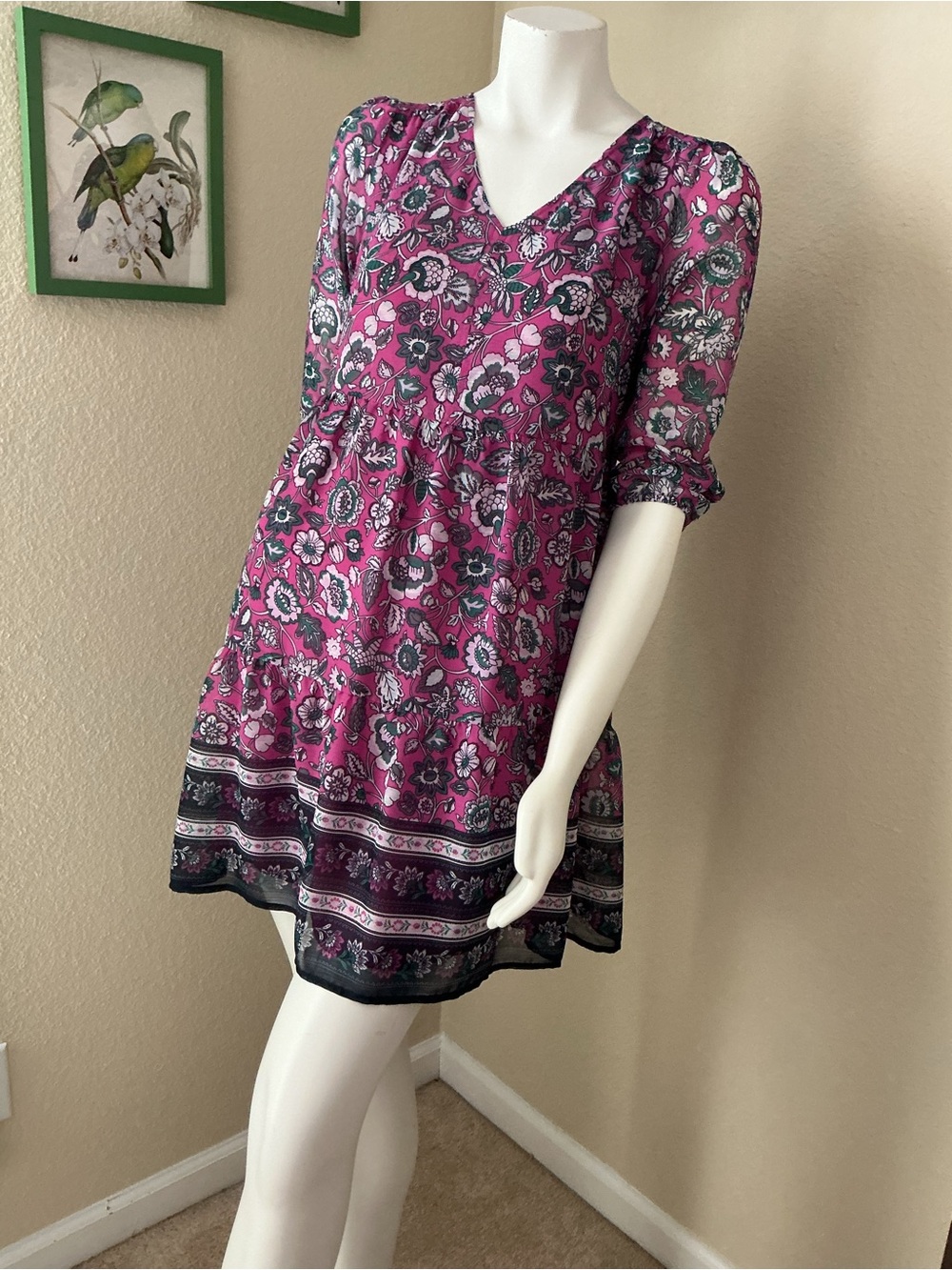 LOFT Outlet Pink Floral V-Neck Babydoll Dress XXSP